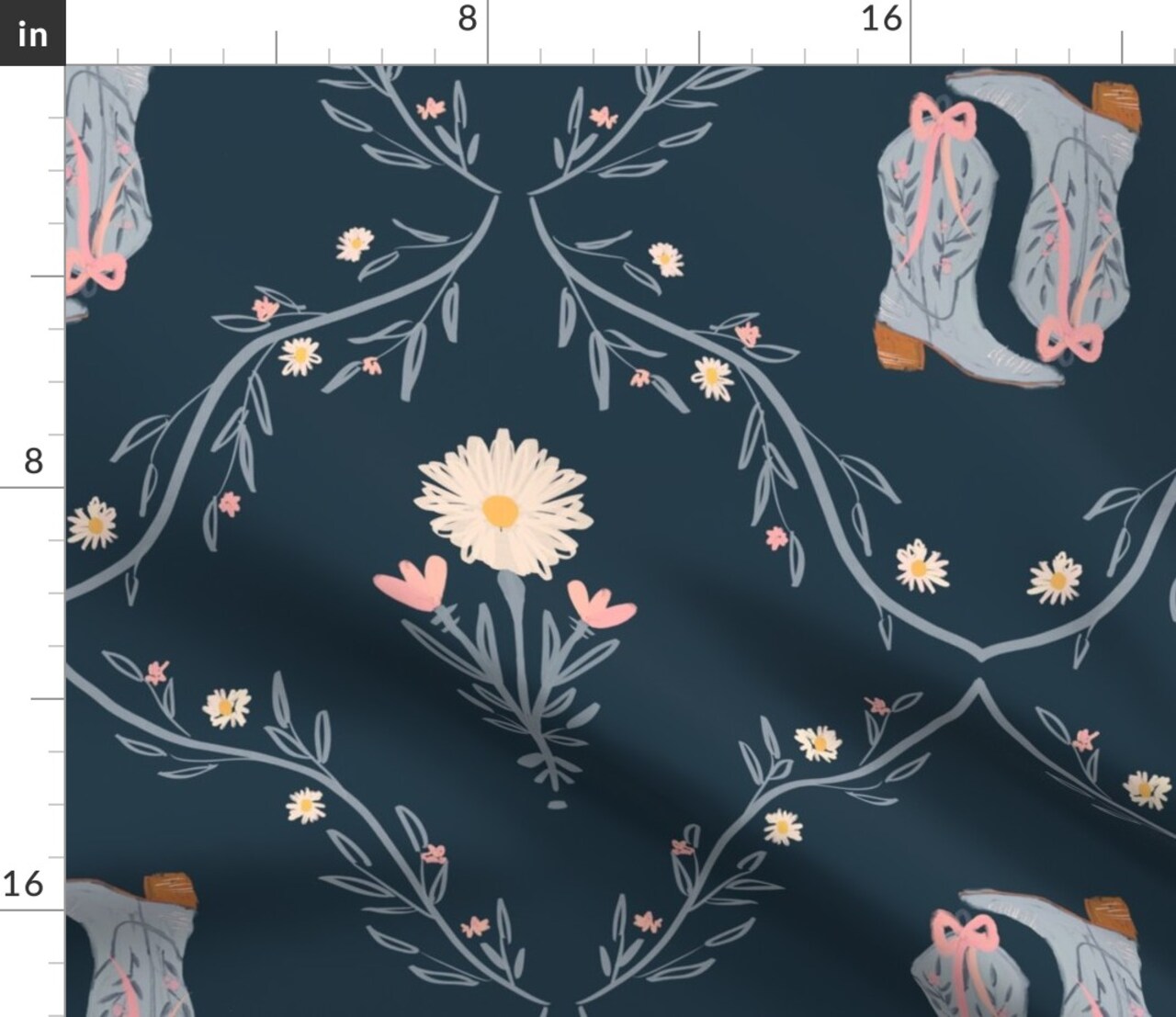 Blue Boots Country Western Navy Pink Bows Daisy Wildflowers Cowboy Boot Farm Southwestern Custom Printed Fabric by Spoonflower Various Fabrics by the Yard or Fat Quarter